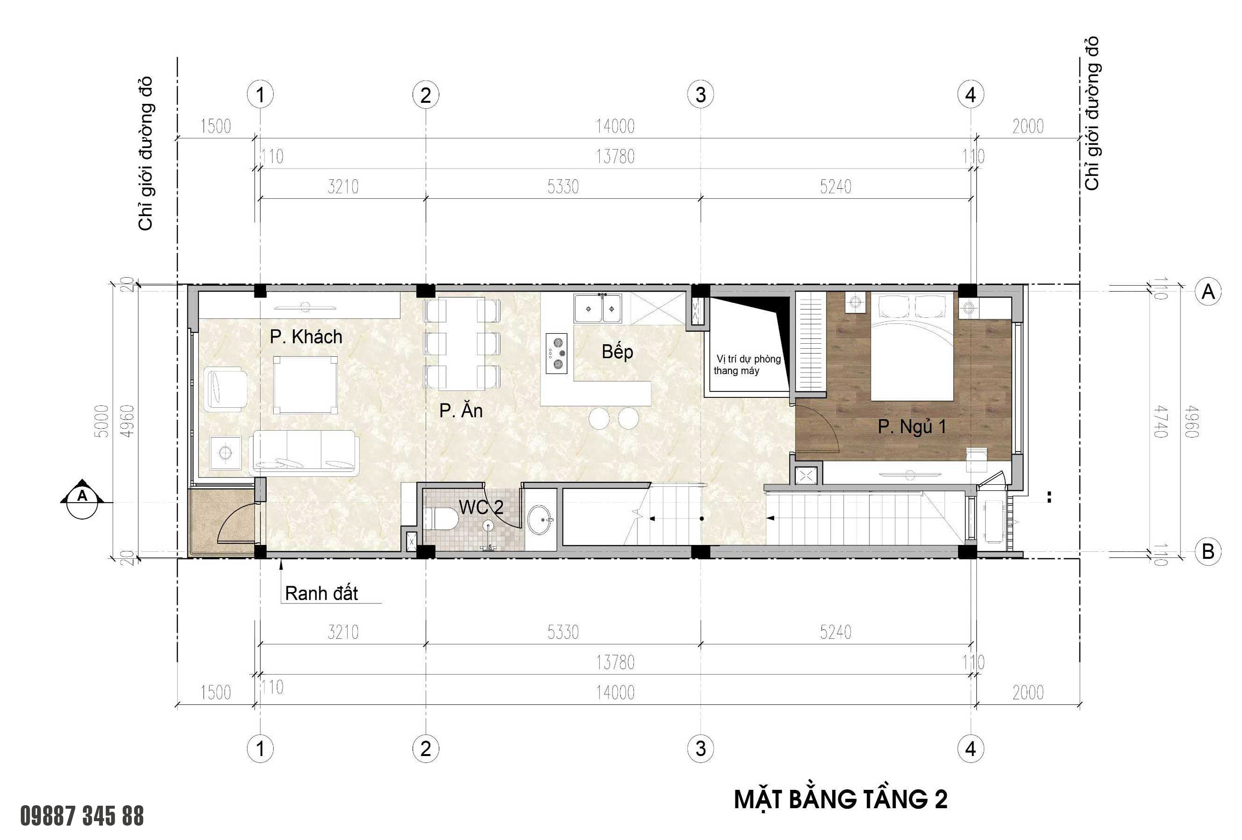 Mặt bằng tầng 2 - nhà phố điển hình Thủy Trúc(5x17,5m)