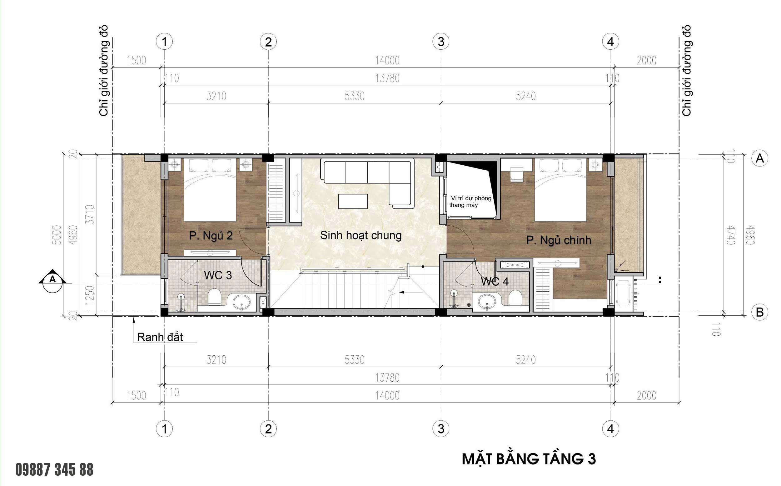 Mặt bằng tầng 3 - nhà phố điển hình Thủy Trúc(5x17,5m)