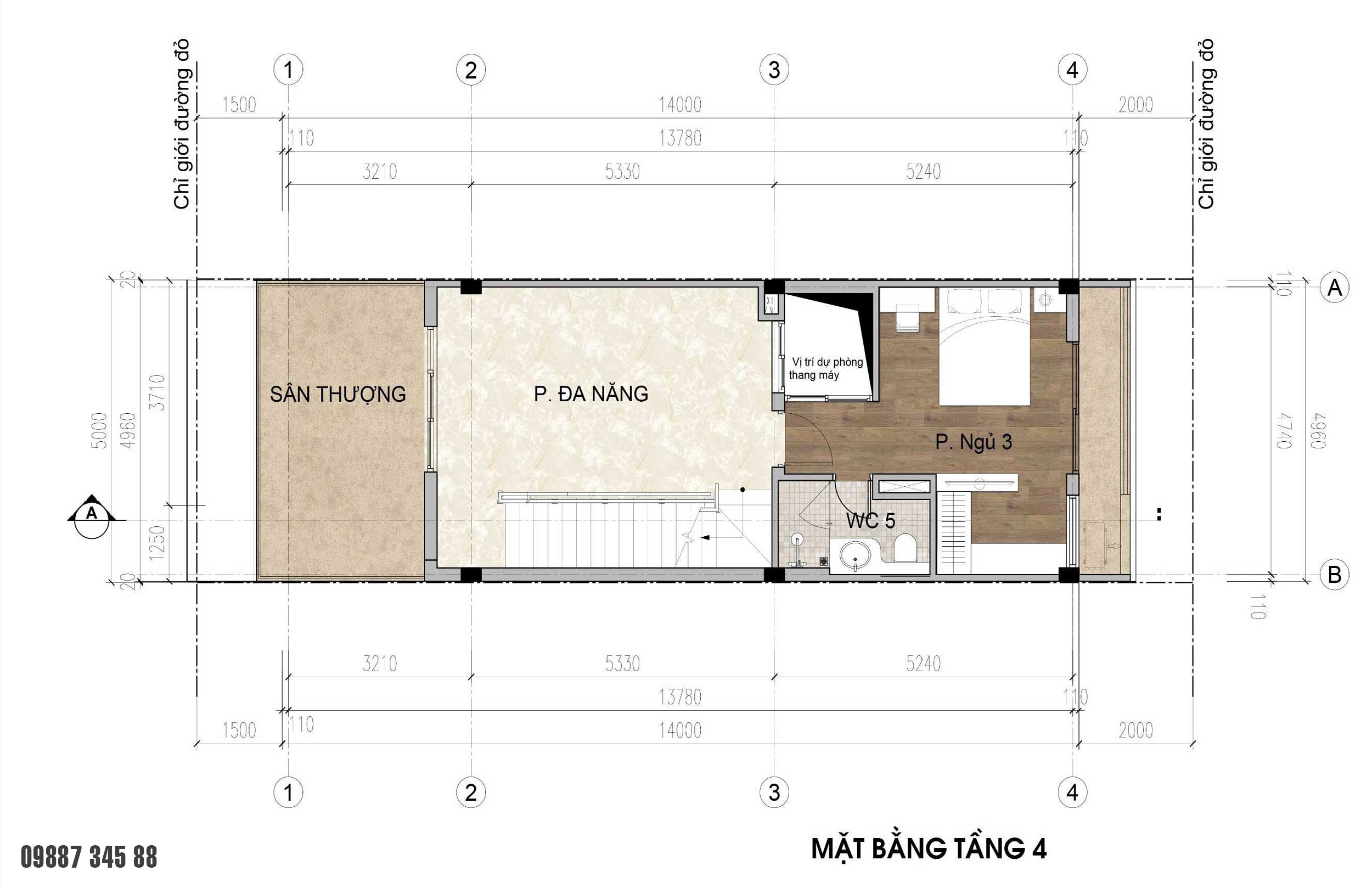 Mặt bằng tầng 4 - nhà phố điển hình Thủy Trúc(5x17,5m)