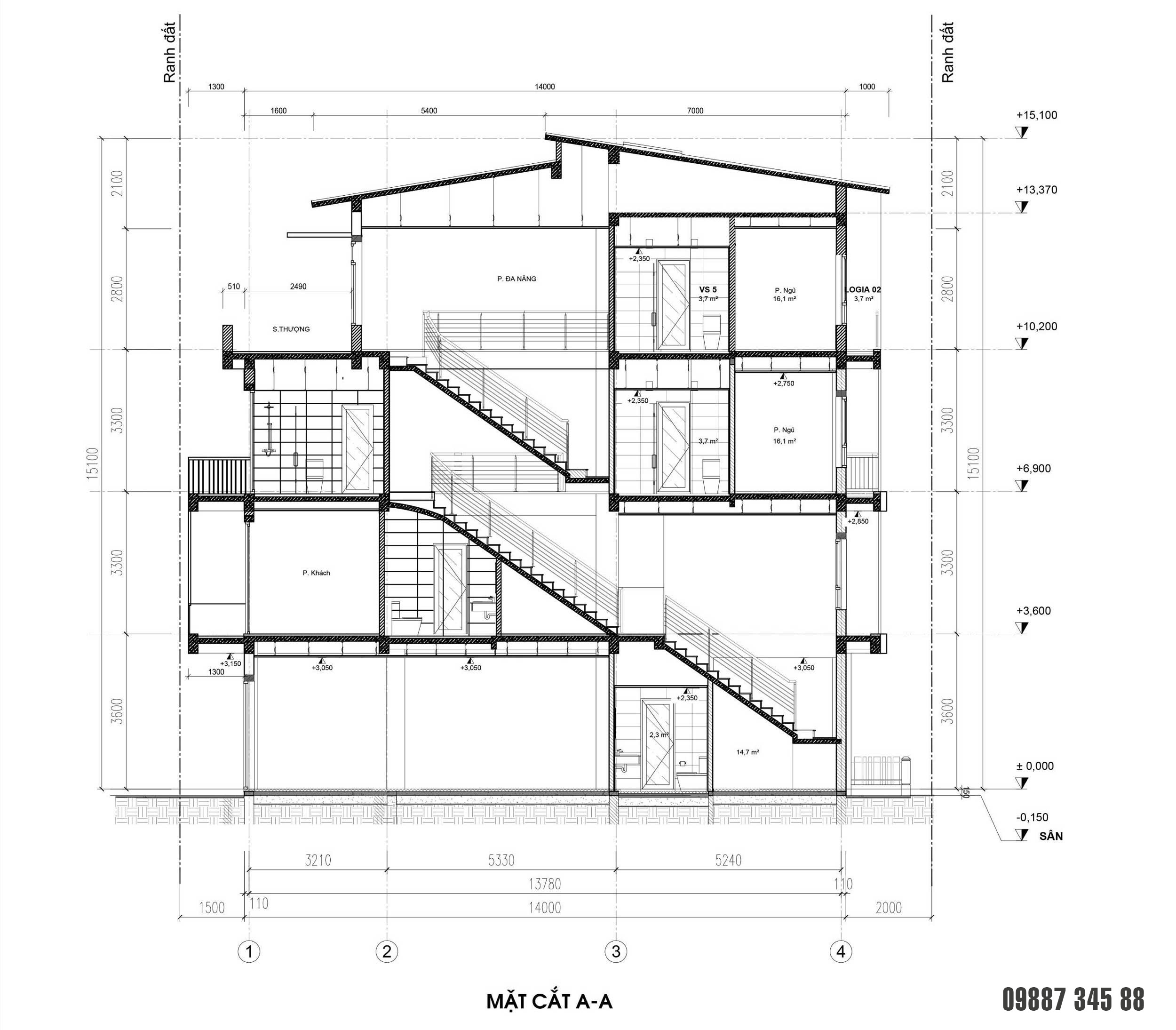 Mặt cắt - nhà phố điển hình Thủy Trúc(5x17,5m)